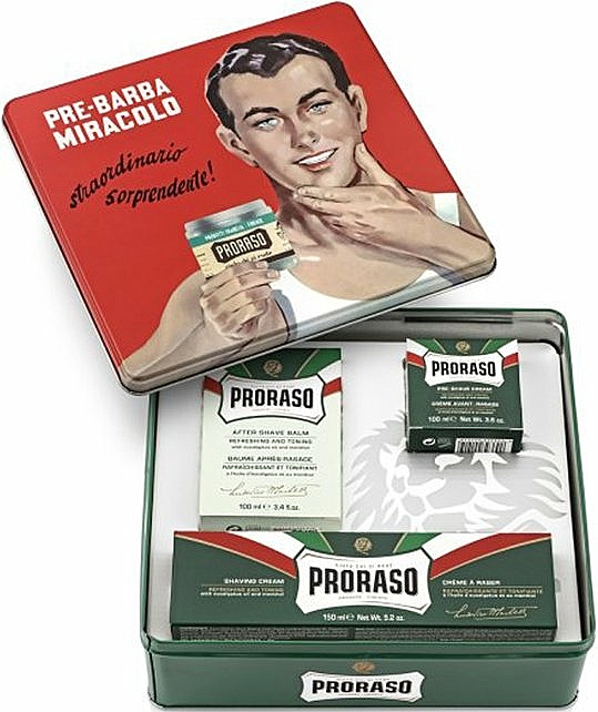 Rasierpflegeset - Proraso Classic Shaving Metal Green "Gino" (Pre-Shaving-Cream 100ml + Rasiercreme 150ml + After Shave Creme 100ml) — Bild N1