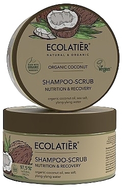 Reinigendes Haar-und Kopfhaut-Peelingshampoo mit Bio-Kokosnussöl, Meeresmineralien und Kokosnusswasser - Ecolatier Organic Coconut Shampoo-Scrub