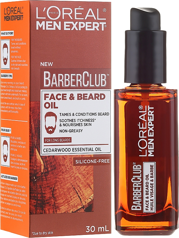 Beruhigendes und nährendes Gesichts- und Bartöl mit Zedernholzöl - L'Oreal Paris Men Expert Barber Club Long Beard & Skin Oil