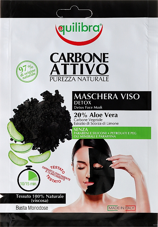 GESCHENK! Detox-Tuchmaske mit Aktivkohle und Aloe Vera - Equilibra Active Charcoal Detox Tissue Face Mask — Bild N1