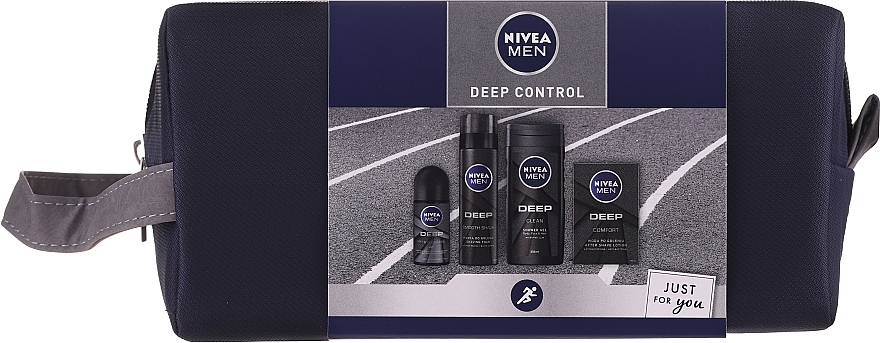 Gesichts- und Körperpflegeset - Nivea Men Deep Control 2020 (Duschgel 250ml + After Shave Lotion 100ml + Rasierschaum 200ml + Deo Roll-on Antitranspirant 50ml + Kosmetiktasche)