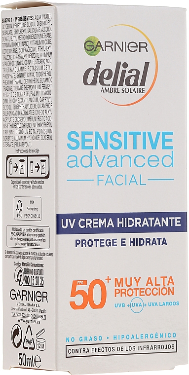 Feuchtigkeitsspendende Sonnenschutzcreme für das Gesicht SPF 50+ - Garnier Delial Ambre Solaire Sensitive Advanced Face Cream SPF50+ — Bild N2