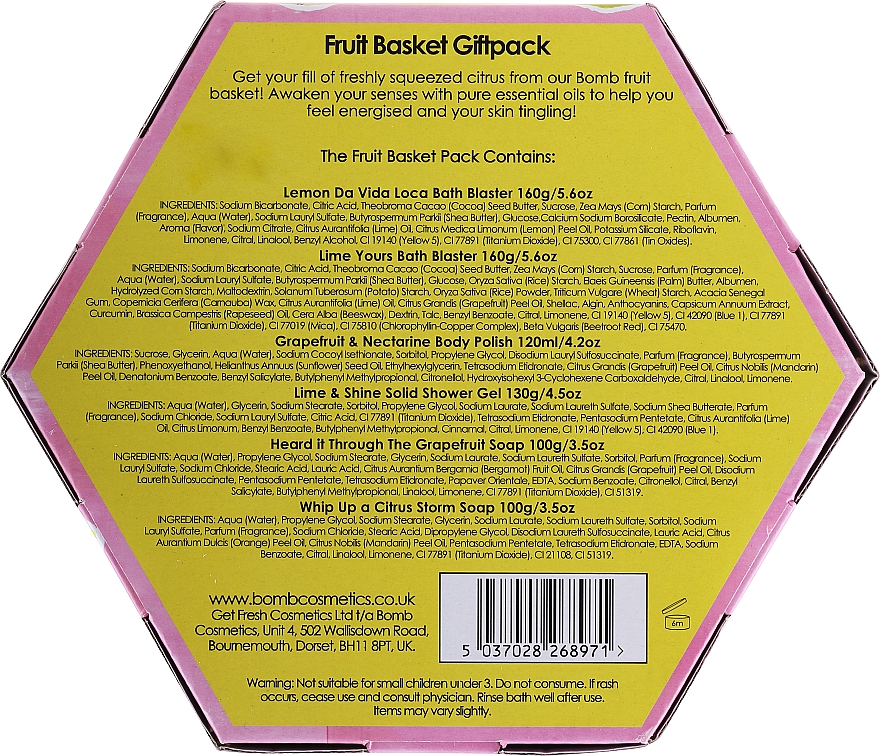 Körperpflegeset - Bomb Cosmetics Fruit Basket Hexagonal Gift Box (Badebombe 2 St. + Seife 2 St. + Körperpeeling 120ml + Duschgel 120ml) — Bild N2