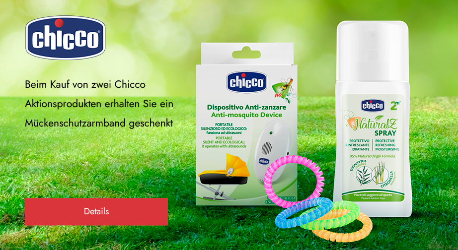 Beim Kauf von zwei Chicco Aktionsprodukten erhalten Sie ein Mückenschutzarmband geschenkt