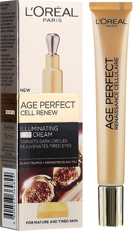 Augencreme gegen dunkle Ringe mit schwarzem Trüffel und fermentiertem Schwarztee - L'Oreal Paris Age Perfect Cell Renew Illuminating Eye Cream — Bild N1