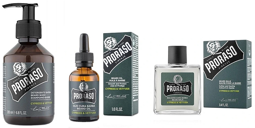 Bartpflegeset - Proraso Cypress & Vetyver Beard Kit (Balsam 100ml + Shampoo 200ml + Öl 30ml) — Bild N3