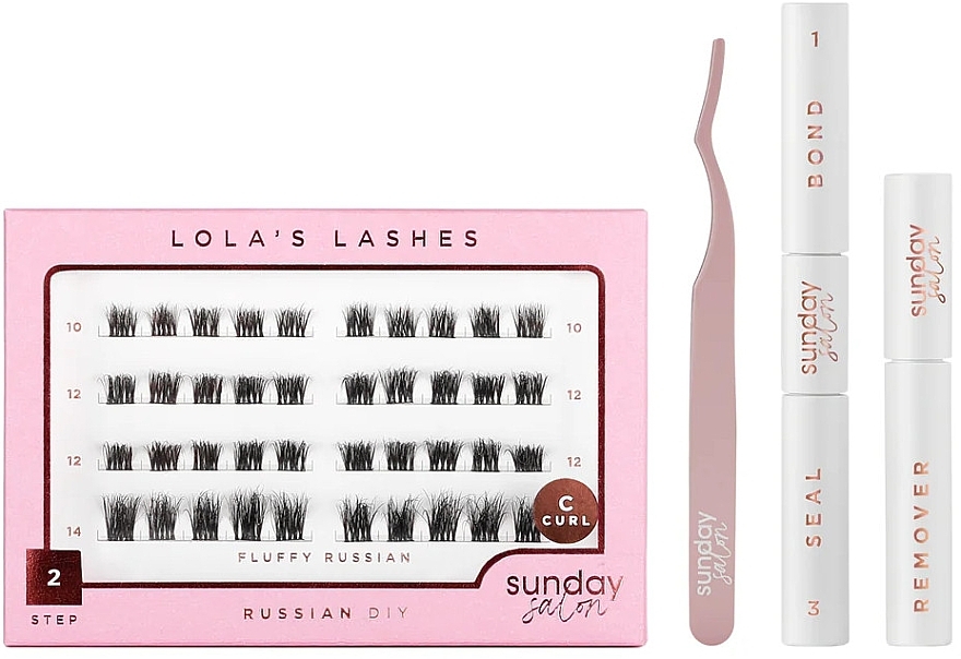 Make-up Set - Lola's Lashes Fluffy Russian Diy Lash Extensions Starter Set (bond/seal/2x3.5ml + remover/4ml + eyelashes/40pcs + applicator/1pcs) — Bild N1