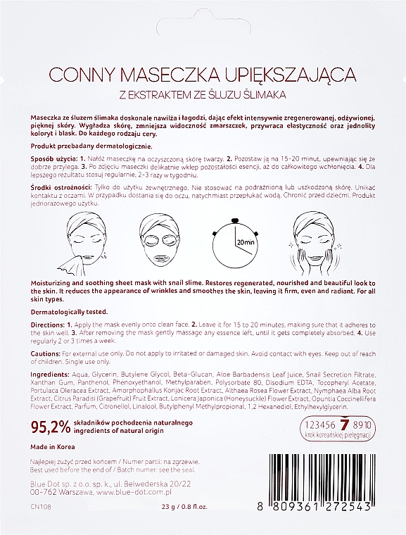 Feuchtigkeitsspendende und beruhigende Tuchmaske mit Schneckenextrakt - Conny Snail Essence Mask — Bild N2