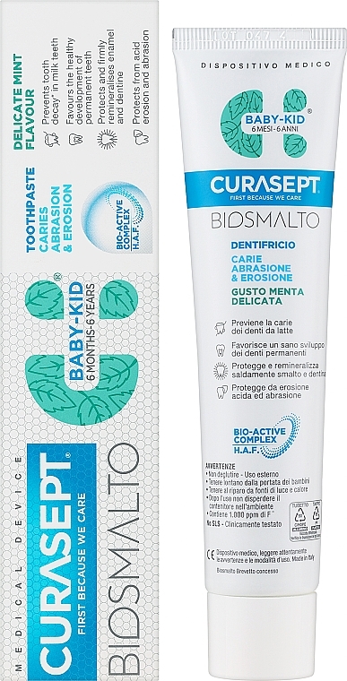 Zahnpasta für Kinder von 6 Monaten bis 6 Jahren mintgrün - Curaprox Curasept Biosmalto Baby-Kid Caries, Abrasion & Erosion Delicate Mint — Bild N2