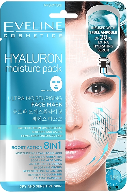 Extra Feuchtigkeitsspendende Tuchmaske 8in1 - Eveline Cosmetics Hyaluron Moisture Pack Face Mask