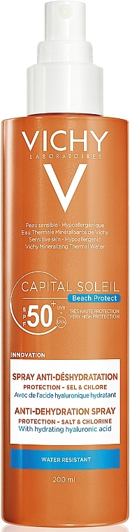 Sonnenschutzspray für den Körper mit Hyaluronsäure SPF 50+ - Vichy Capital Soleil Beach Protect Anti-Dehydration Spray SPF 50