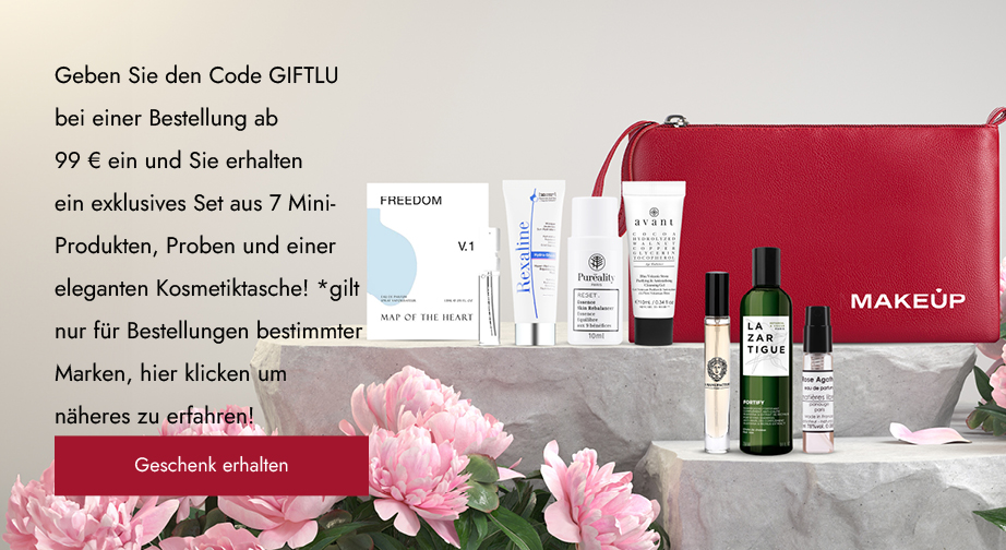 Geben Sie den Code GIFTLU bei einer Bestellung ab 99 € ein und Sie erhalten ein exklusives Set aus 7 Mini-Produkten, Proben und einer eleganten Kosmetiktasche!