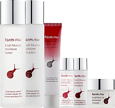 Düfte, Parfümerie und Kosmetik Set - FarmStay Snail Mucus Moisture Skin Care (f/ton/150ml + f/emul/150ml + f/cr/50ml + eye/cr/40ml + f/ton/30ml + f/emul/30ml)