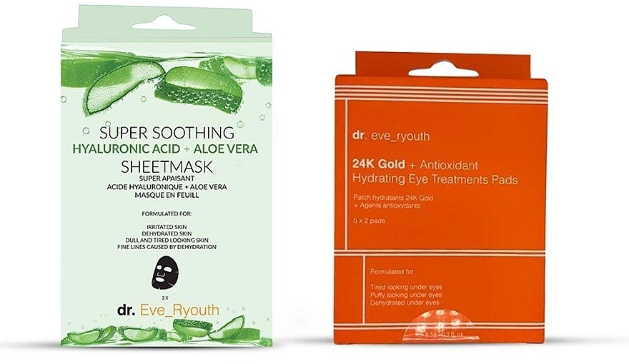 Gesichtspflegeset - Dr. Eve_Ryouth Super Soothing + 24K Gold + Antioxidant (Tuchmaske für das Gesicht 3 St. + Augenpatches 5 St.) — Bild N1