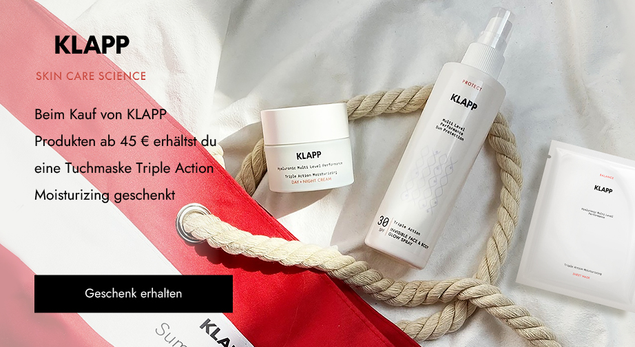 Beim Kauf von KLAPP Produkten ab 45 € erhältst du eine Tuchmaske Triple Action Moisturizing geschenkt.