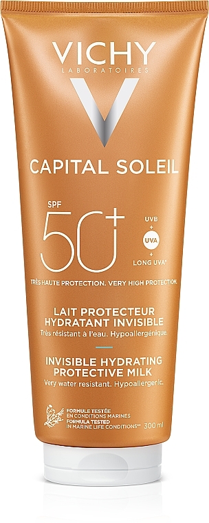 Erfrischende und feuchtigkeitsspendende Sonnenschutzmilch für Gesicht und Körper SPF 50+ - Vichy Capital Ideal Soleil Hydratant Milk SPF50