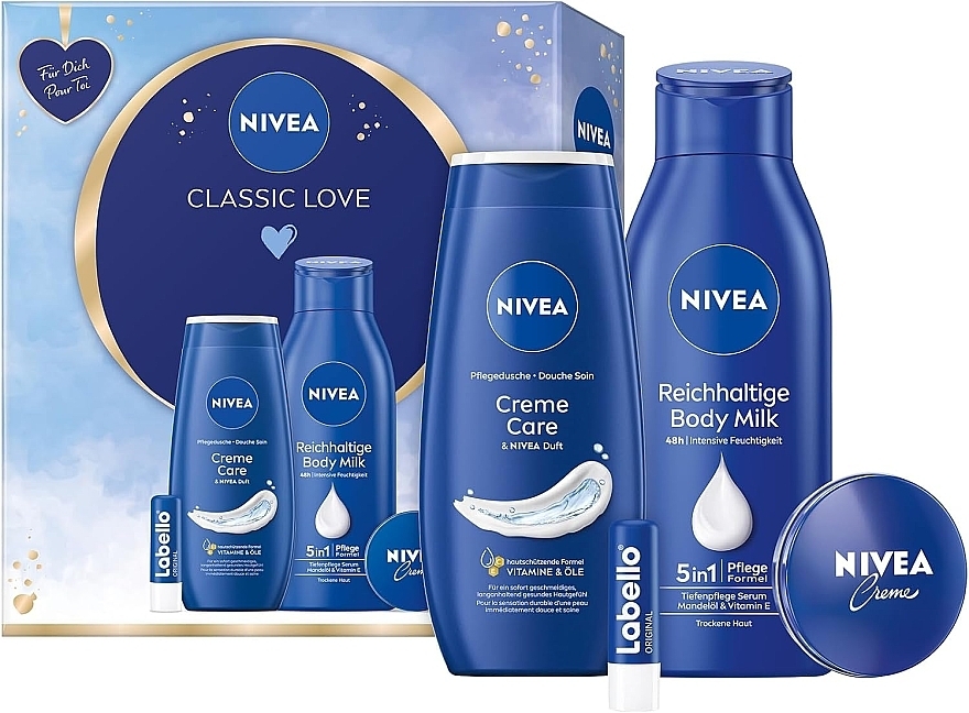 Pflegeset für Männer - NIVEA Classic Love Gift Set (sh/gel/250ml + b/milk/400ml + lip/balm/5,5ml + f/cr/30ml) — Bild N1