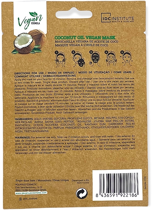 Tuchmaske für das Gesicht mit Kokosöl - IDC Institute Vegan Formula Coconut Oil Face Mask — Bild N2