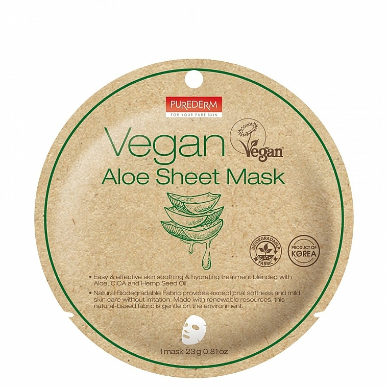 Feuchtigkeitsspendende und weichmachende Tuchmaske für das Gesicht mit Aloe Vera - Purederm Vegan Sheet Mask Aloe — Bild N1