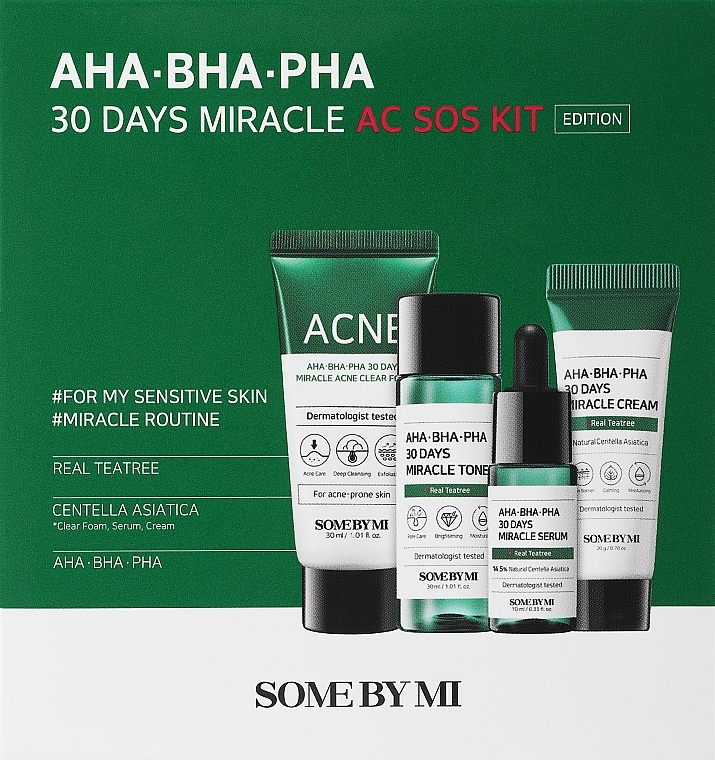 GESCHENK! Mini-Set für problematische Haut - Some By Mi Aha-Bha-Pha 30 Days Miracle Ac Sos Kit (Gesichtsschaum 30ml + Gesichtstoner 30ml + Gesichtsserum 10ml + Gesichtscreme 20ml) — Bild N1