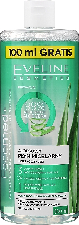 3in1 Erfrischendes und beruhigendes Mizellenwasser mit Aloe Vera - Eveline Cosmetics Facemed+ Refreshing And Soothing Aloe Micellar Waterberuhigendes — Bild N1