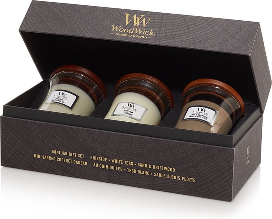 Kerzenset - WoodWick 3 Mini Jar Set Fireside x White Teak x Sand & Driftwood (Duftkerze 3x85g) — Bild N2