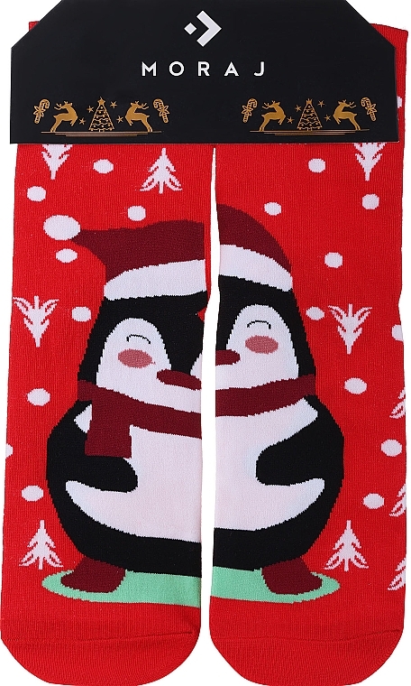 Hohe Damensocken, Weihnachtsmuster mit Pinguin, rot  - Moraj — Bild N1