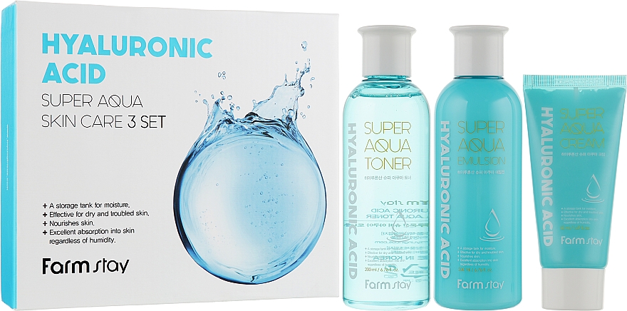 Set - Farmstay Hyaluronic Acid Super Aqua Skin Care Set (ton/200ml + emul/200ml + cr/50ml) — Bild N1