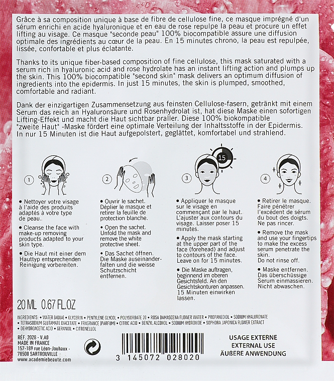 Lifting-Tuchmaske für das Gesicht mit Hyaluronsäure und Rosenwasser - Academie Eau de Rose Acide Hyaluronique Masque Tenseur — Bild N2