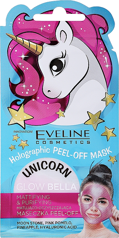 Reinigende und mattierende Peel-Off-Tuchmaske für das Gesicht - Eveline Cosmetics Unicorn Holographic Peel Off Mask Glow Pink Bella — Bild N1