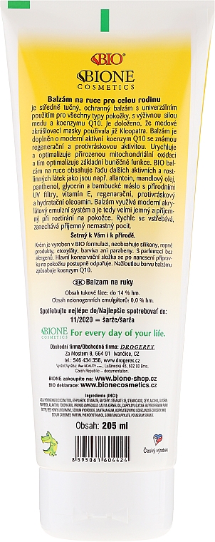 Pflegende Handcreme mit Honig und Coenzym Q10 - Bione Cosmetics Honey + Q10 Cream — Bild N2