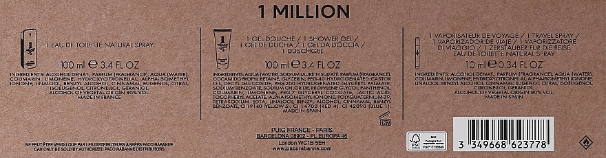 Paco Rabanne 1 Million - Duftset (Eau de Toilette 100ml + Eau de Toilette 10ml + Duschgel 100ml) — Bild N2