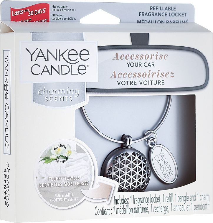 Autoduftanhänger - Yankee Candle Fluffy Towels Geometric Charming Scents Starter Kit (Medaillon + Duftstein + Charm-Anhänger + Band) — Bild N1