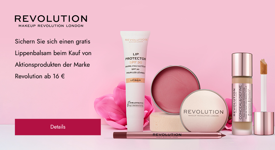 Sichern Sie sich einen gratis Lippenbalsam beim Kauf von Aktionsprodukten der Marke Revolution ab 16 €