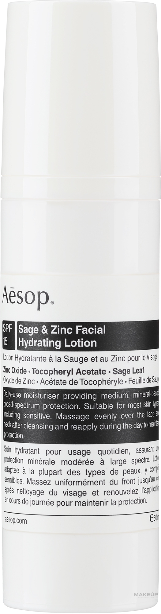 Sonnenschutzlotion für Gesicht und Körper  - Aesop Sage & Zinc Facial Hydrating Lotion SPF15 — Bild 50 ml