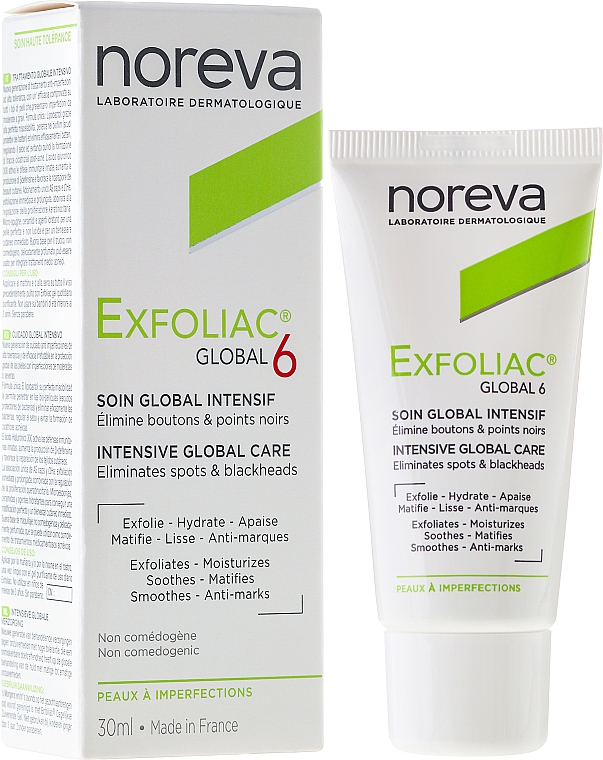 Intensiv pflegende Gesichtscreme gegen Pigmentflecken und Mitesser - Noreva Exfoliac Global 6 Severe Imperfections Cream