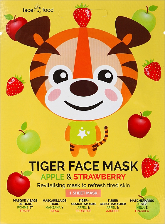 Revitalisierende und erfrischende Tuchmaske für das Gesicht mit Apfel- und Erdbeerextrakt - 7th Heaven Face Food Tiger Face Mask Apple & Strawberry — Bild N1