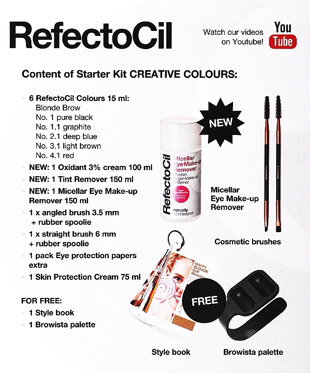 Augenbrauen- und Wimpernfarben Set - RefectoCil (Hautschutzcreme/75ml + Make-up Entferner/100 ml + Farbflecken-Entferner/100 ml + Entwickler/100 ml + Haarfarbe/6x15 ml + Pads/80 St. + Pinsel/5 St. + Farbpalette/1 St. + DVD + Kosmetiktashe) — Bild N3