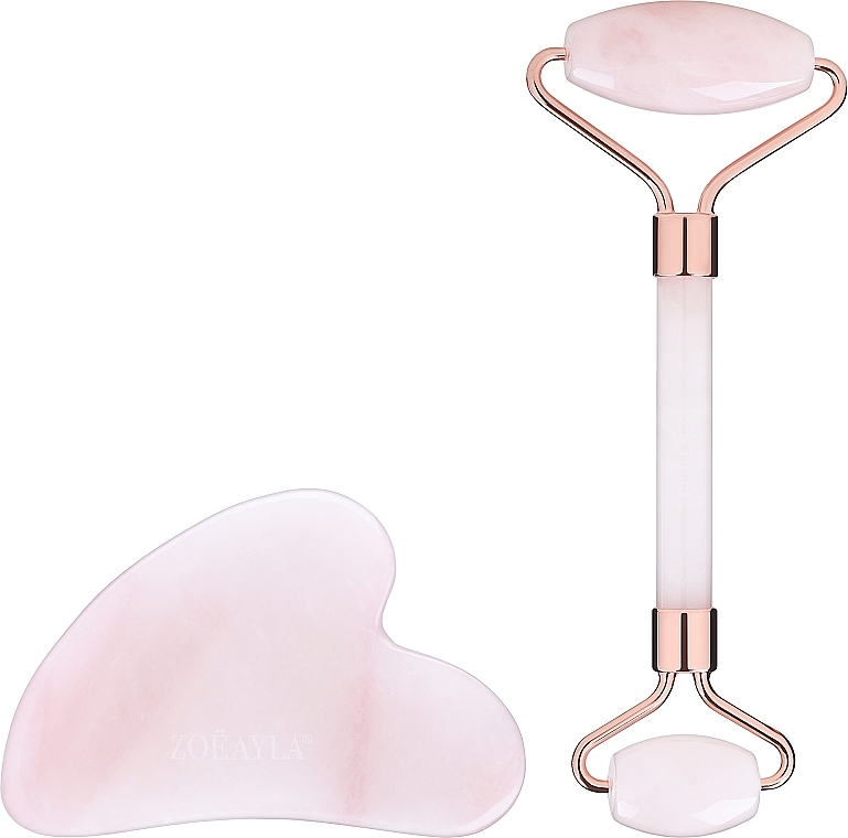 Gesichtsmassageset aus Rosenquarz: Massageroller und Gua Sha Massageplatte - Zoe Ayla Rose Quartz Roller & Gua Sha — Bild N2