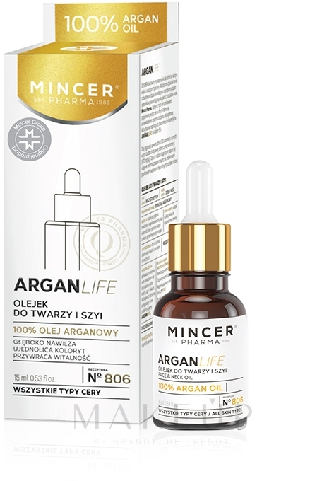 100% Arganöl für Gesicht, Hals und Dekolleté - Mincer Pharma ArganLife Face & Neck Oil Huile Visage Decollete — Foto 15 ml