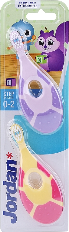 Kinderzahnbürste 0-2 Jahre lila + gelb-rosa 2 St. - Jordan Step By Step Soft & Gentle — Bild N1