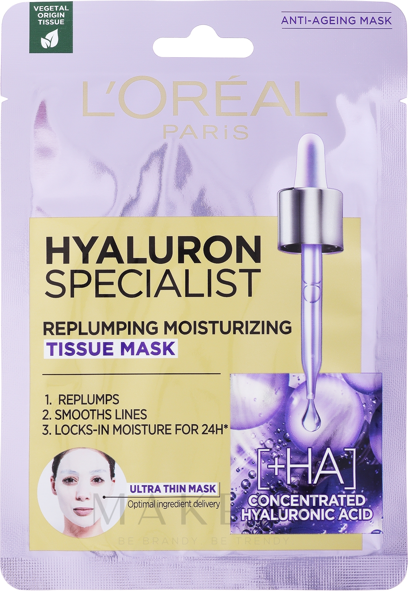 Feuchtigkeitsspendende und erfrischende Tuchmaske für das Gesicht mit Hyaluronsäure - L'Oreal Paris Hyaluron Expert Replumping Moisturizing Mask — Bild 28 g