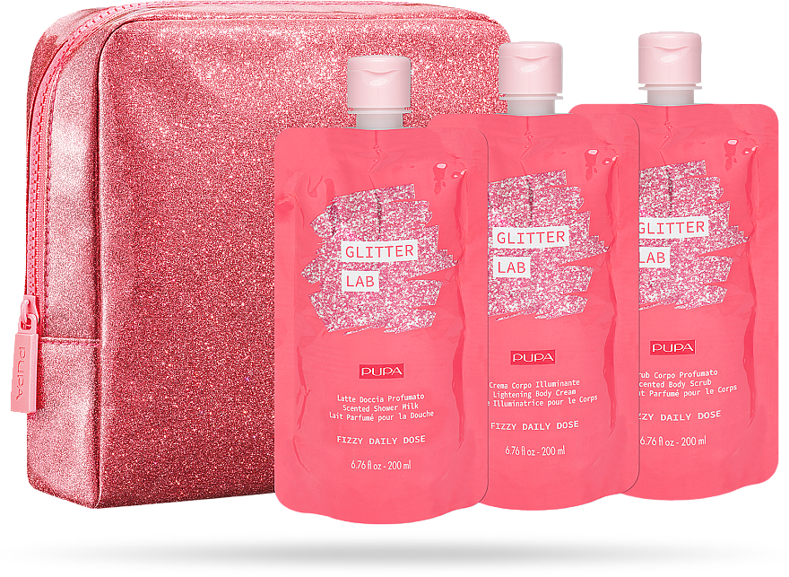 Körperpflegeset - Pupa Glitter Lab Frizzy Daily Dose (Kosmetiktasche + Duschmilch 200ml + Körpercreme 200ml + Körperpeeling 200ml) — Bild N1