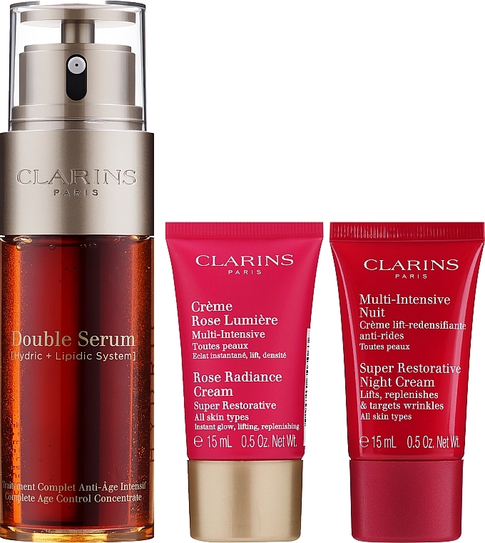 Gesichtspflegeset - Clarins Double Serum & Super Restorative Collection Set (Gesichtsserum 50ml + Gesichtscreme 2x15ml + Augenserum 0.9ml + Kosmetiktasche) — Bild N3