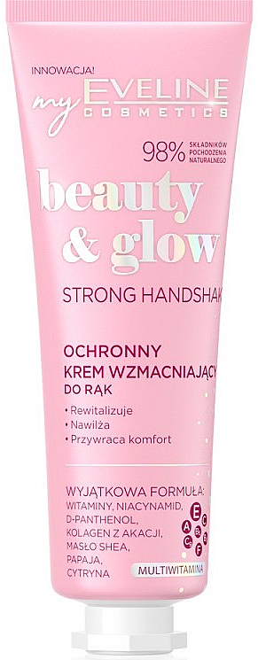 Feuchtigkeitsspendende und schützende Handcreme mit D-Panthenol und Sheabutter - Eveline Cosmetics Beauty & Glow Strong Handshak! — Bild N1