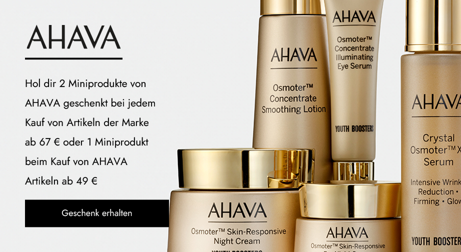 Hol dir 2 Miniprodukte von AHAVA geschenkt bei jedem Kauf von Artikeln der Marke ab 67 € oder 1 Miniprodukt beim Kauf von AHAVA Artikeln ab 49 €.