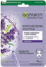 Düfte, Parfümerie und Kosmetik Tuchmaske für das Gesicht - Garnier Skin Active Moisture Bomb Super Hydrating + Anti-Fatigue Lavender Acid & Hyaluronic