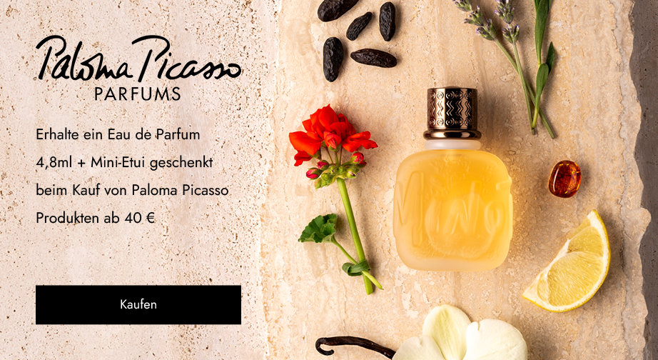 Beim Kauf von Paloma Picasso Produkten ab 40 € erhältst du ein Mini-Parfum (4,8 ml) in einem Etui geschenkt