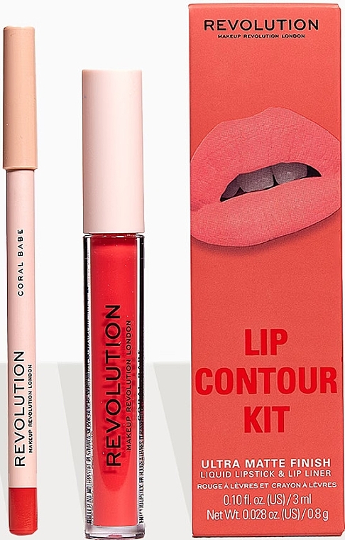 Makeup Revolution Lip Contour Kit Coral Babe (Flüssiger Lippenstift 3ml + Lippenkonturenstift 0.8g) - Lippenset — Bild N2