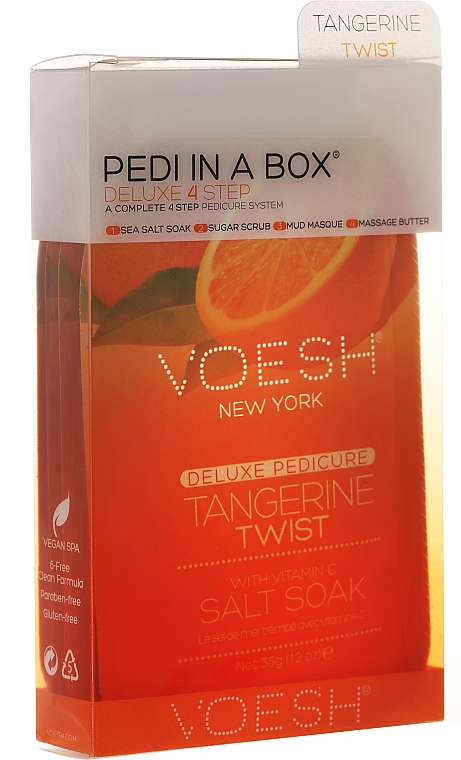 4-stufige Tangerine Twist Fußpflege - Voesh Deluxe Pedicure Tangerine Twist Pedi In A Box 4in1 (1. Meer Badesalz, 2. Zuckerpeeling, 3. Schlammmaske, 4. Massagebutter)(35g)